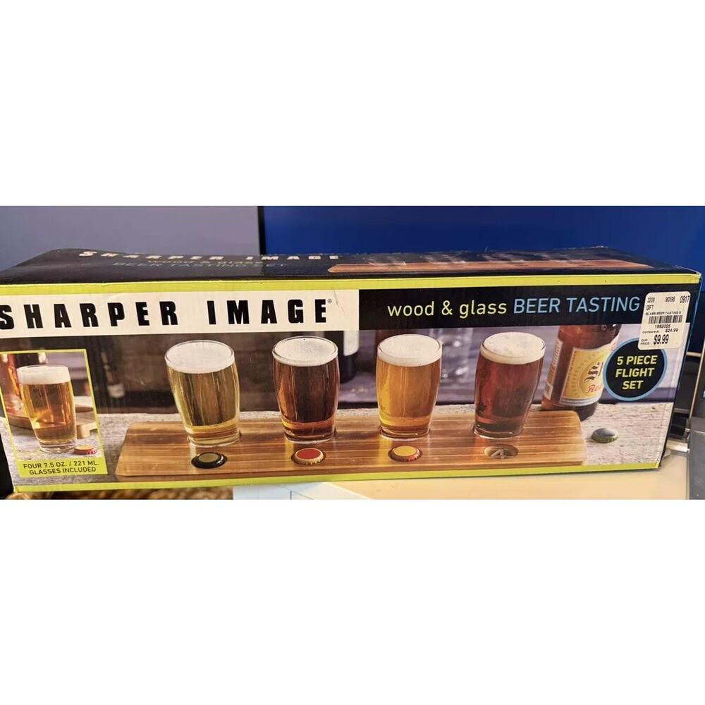 5-Piece Brown Craft Beer Flight Board Sampling Set, Tasting Glasses Serving Tray